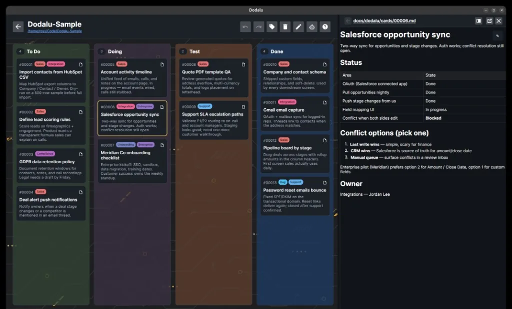 Dodalu with a card’s Markdown document open beside the board