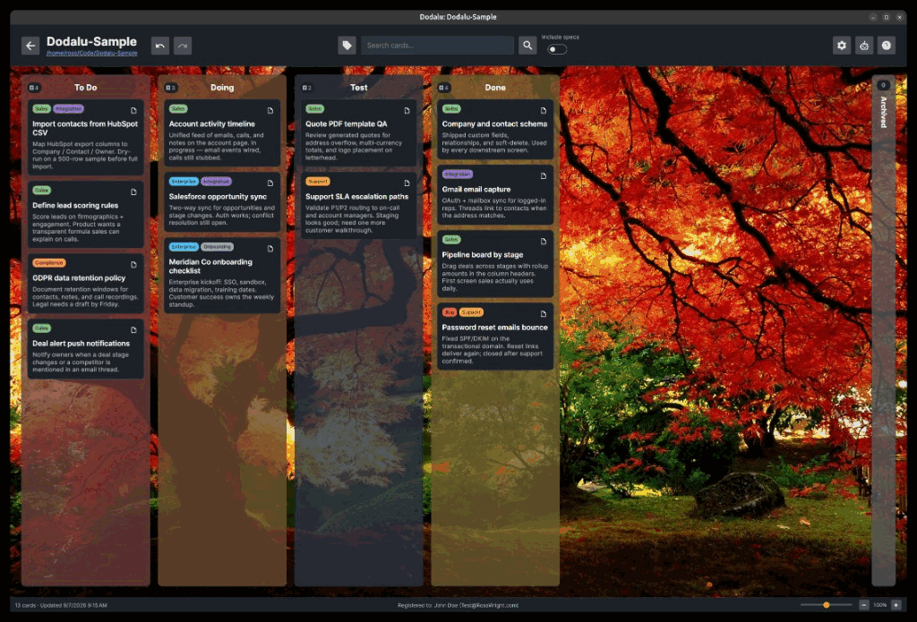 Dodalu kanban board with To Do, Doing, Test, and Done columns on an autumn wallpaper