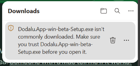 Edge Downloads panel saying the Dodalu installer is not commonly downloaded