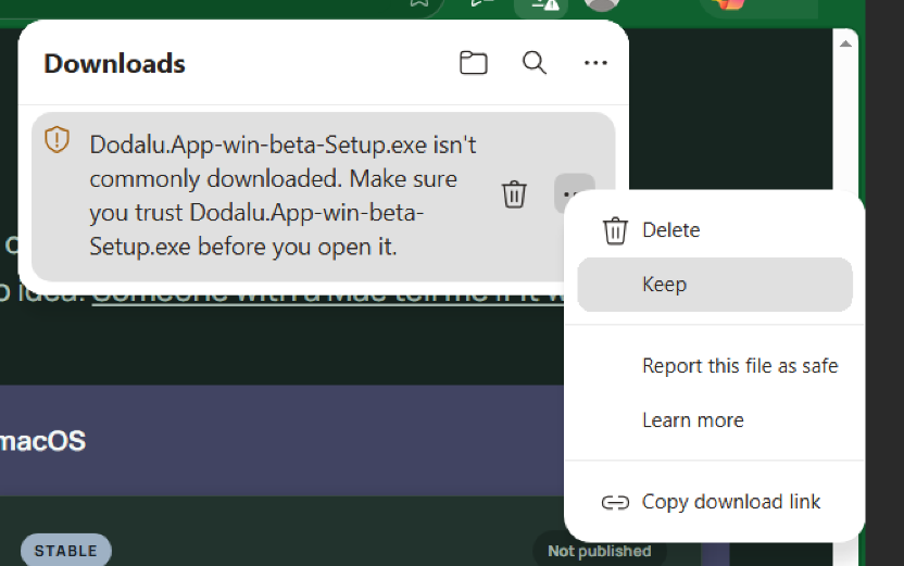 Edge download menu with Keep selected
