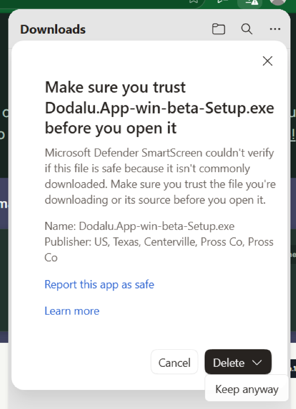 Edge trust dialog with Keep anyway in the Delete menu