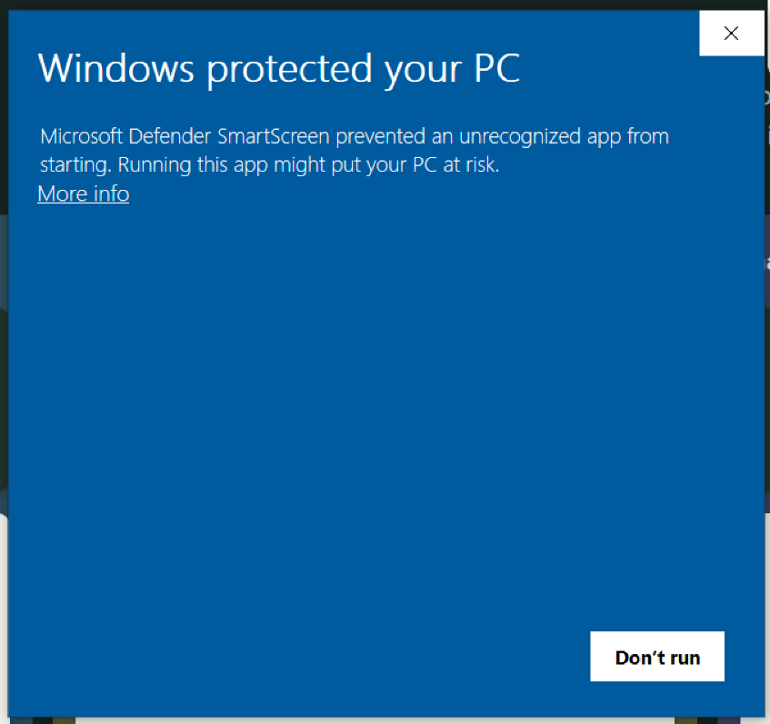 Windows protected your PC dialog with a More info link