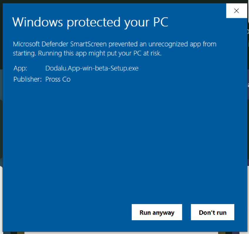 Windows protected your PC dialog showing Pross Co and a Run anyway button